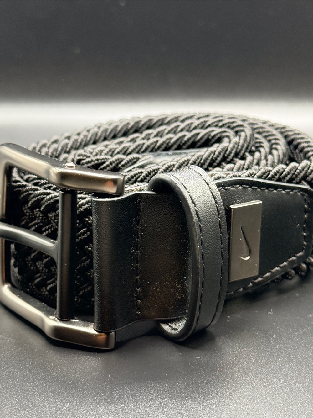 Nike Essentials Braided Woven Stretch Belt Black Leather Trim Golf Medium